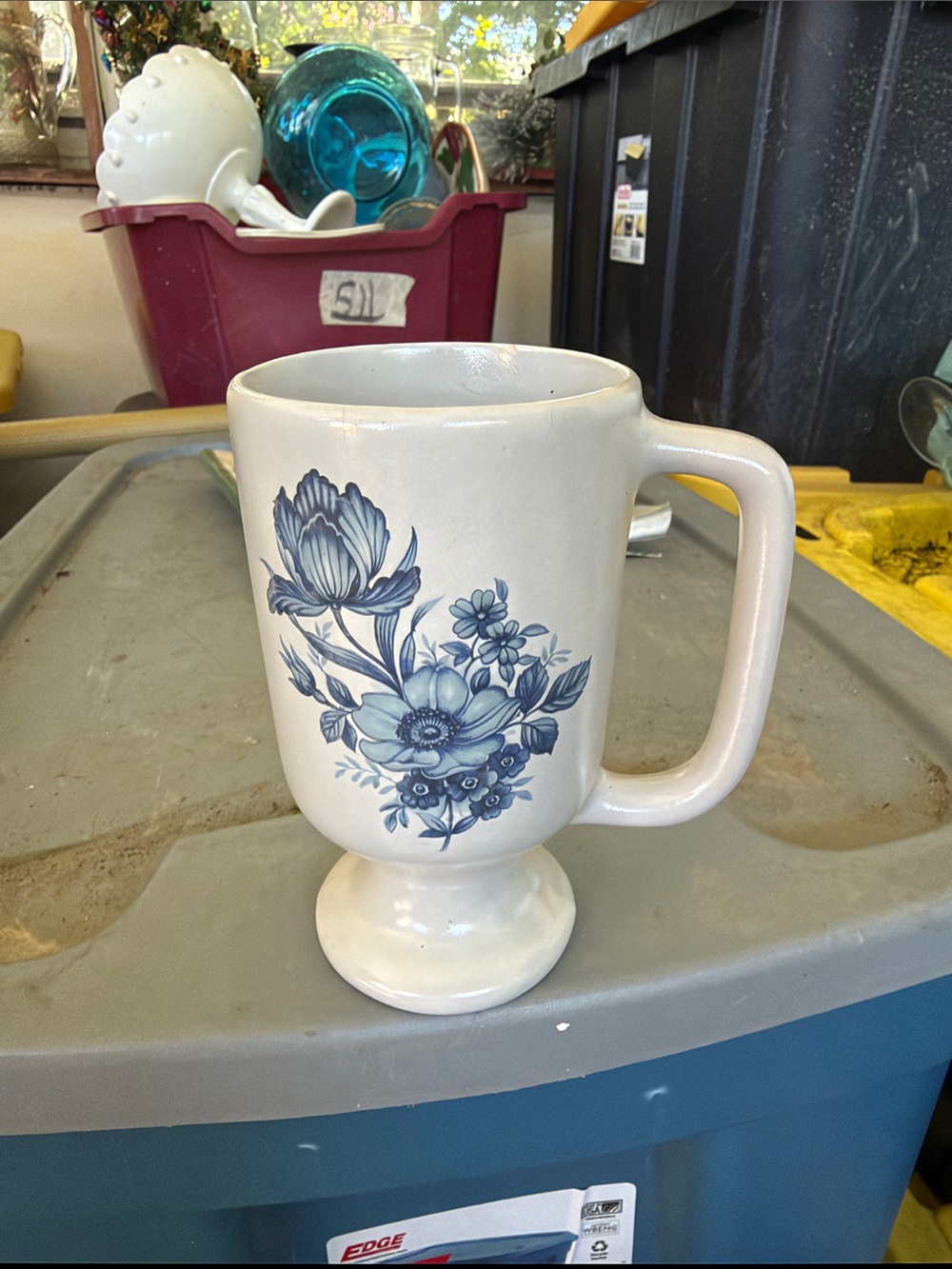 Vintage Blue Floral Pedestal Ceramic Mug by